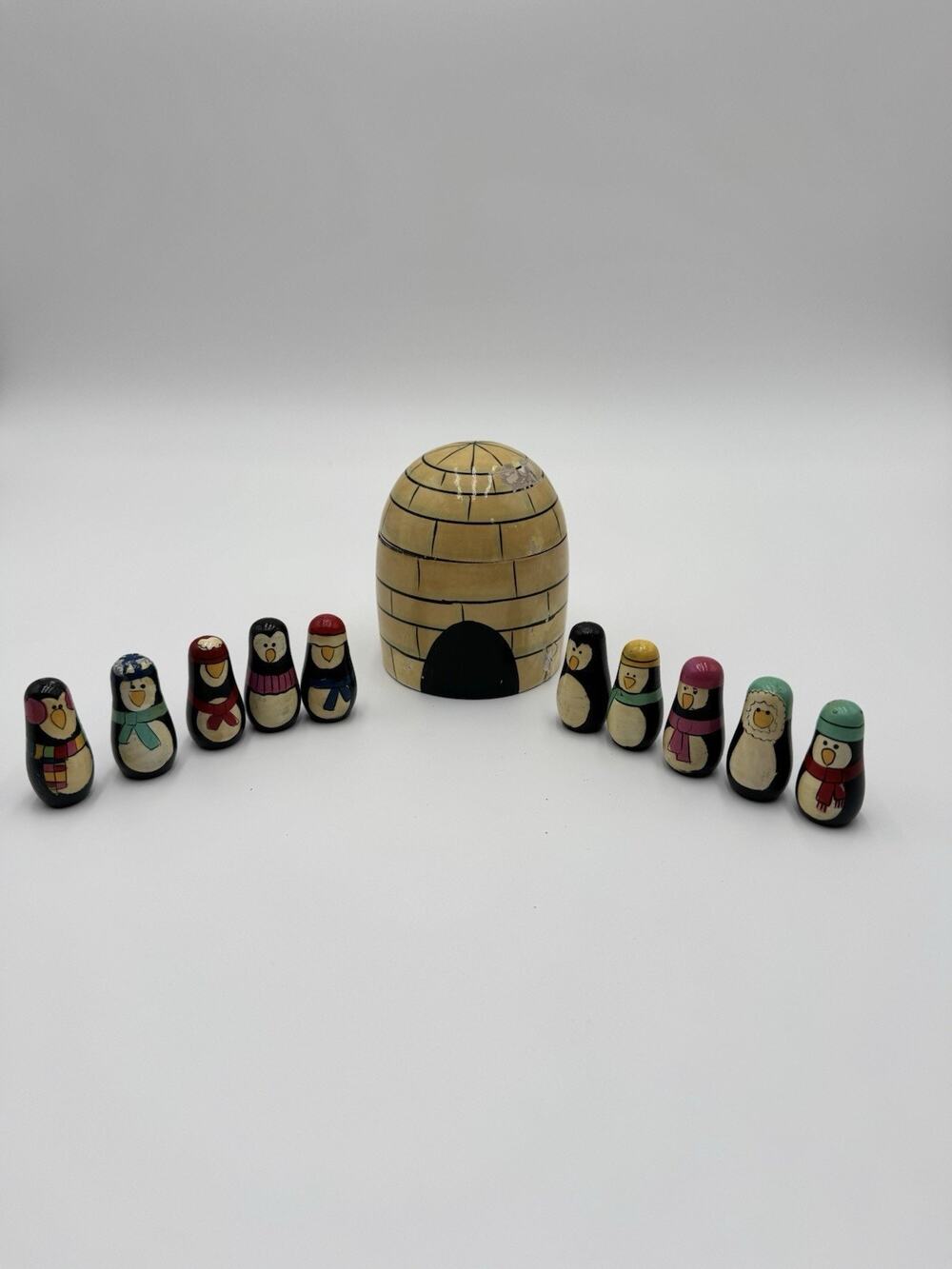 VTG Hand Painted Wooden Igloo with 9 Penguins Antarctic Bird Nesting Doll Style